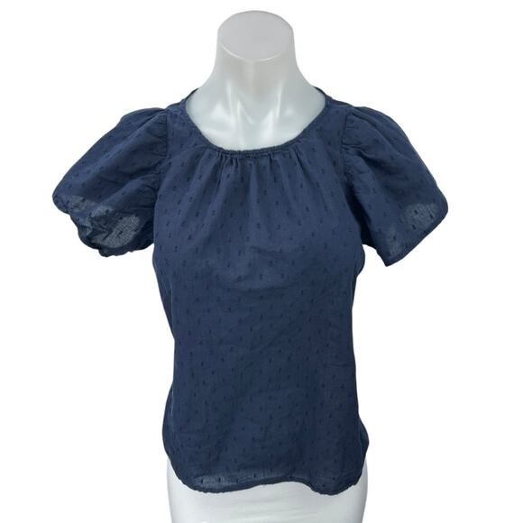 Ann Taylor LOFT Blue Polka Swiss Dot Puff Sleeve Back Button Casual Blouse Top S - Picture 1 of 4